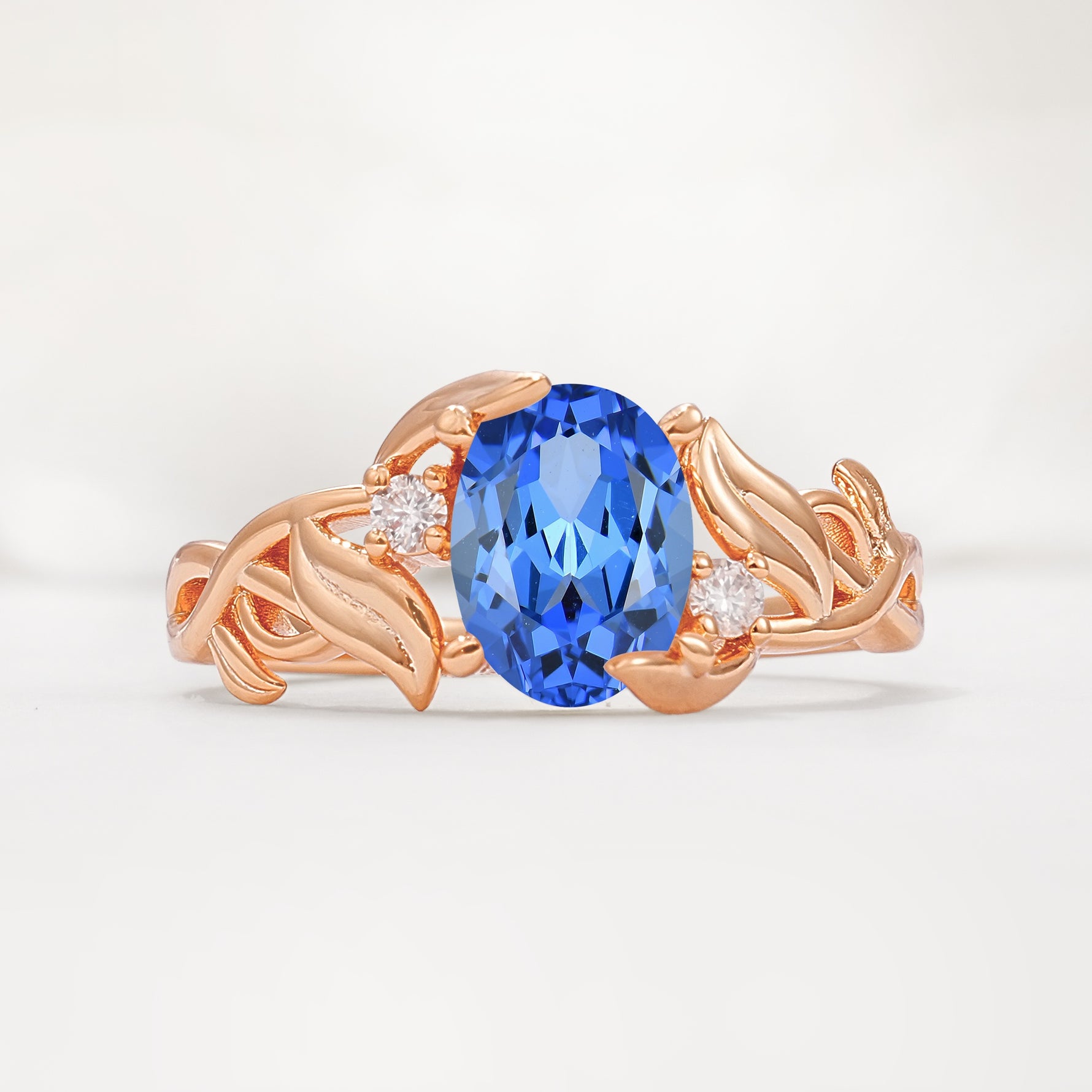 Natural Inspired Oval Cut Leaf Vine Side Stone Sapphire Engagement Ring - Additional view
