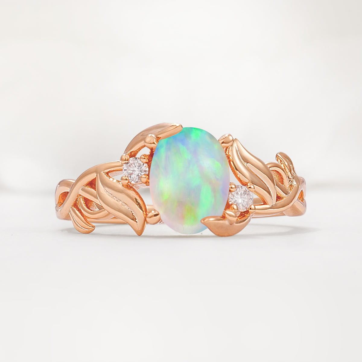 Natural Inspired Oval Cut Leaf Vine Side Stone Fire Opal Engagement Ring - Additional view