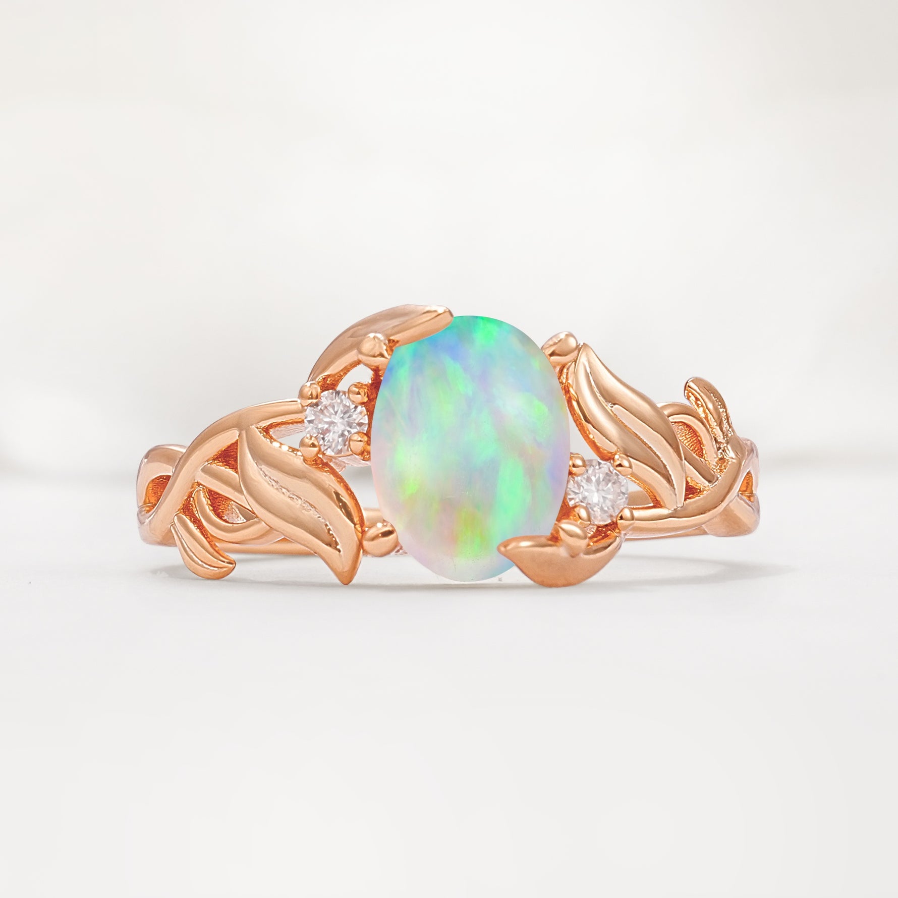 Natural Inspired Oval Cut Leaf Vine Side Stone Fire Opal Engagement Ring - Additional view