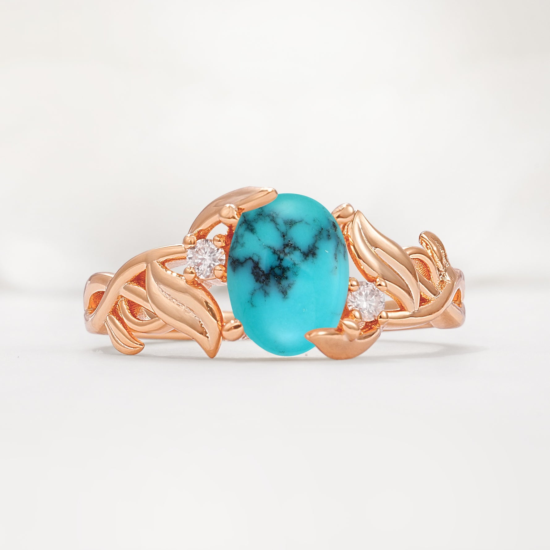 Natural Inspired Oval Cut Leaf Vine Side Stone Turquoise Engagement Ring - Additional view