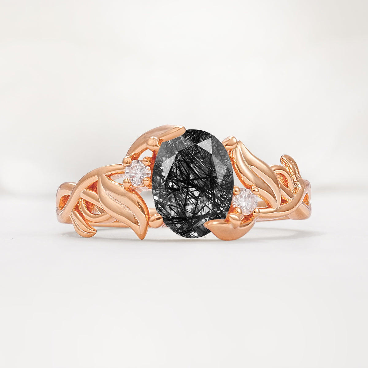 Natural Inspired Oval Cut Leaf Vine Side Stone Black Rutilated Quartz Engagement Ring - Additional view