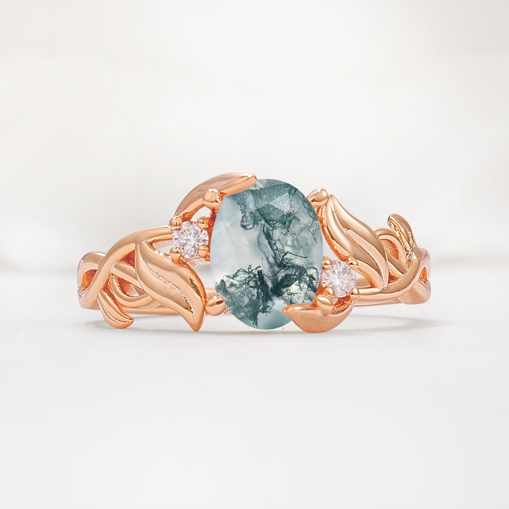 Natural Inspired Oval Cut Leaf Vine Side Stone Moss Agate Engagement Ring - Additional view