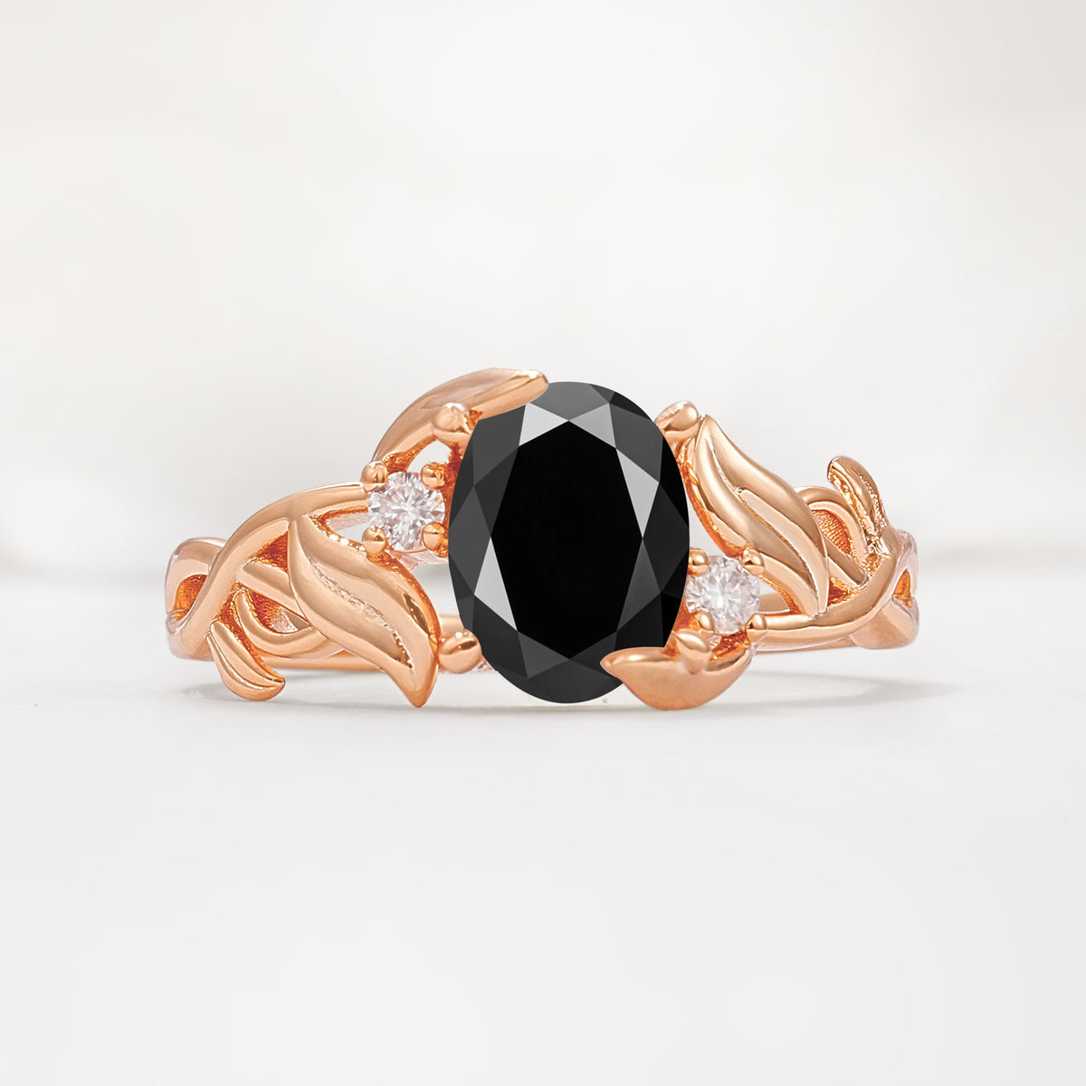 Natural Inspired Oval Cut Leaf Vine Side Stone Black Onyx Engagement Ring - Additional view