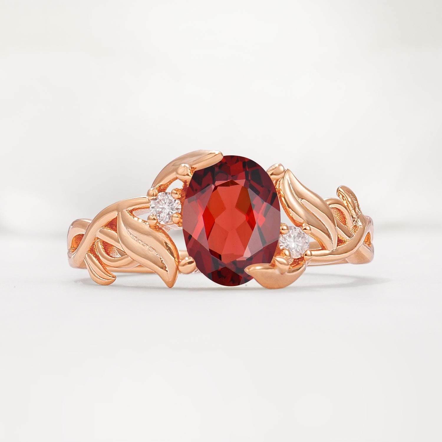 Natural Inspired Oval Cut Leaf Vine Side Stone Garnet Engagement Ring - Additional view