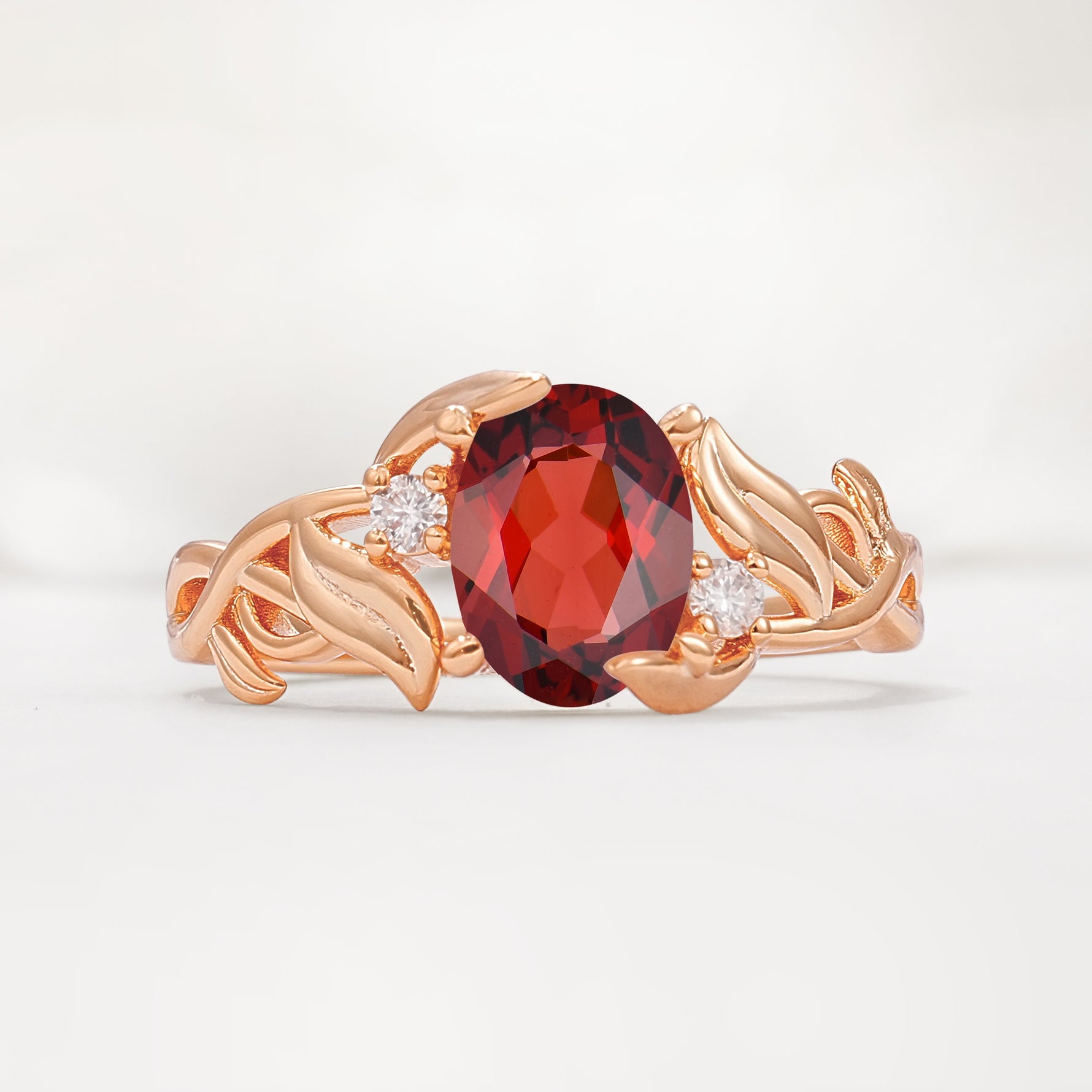 Natural Inspired Oval Cut Leaf Vine Side Stone Garnet Engagement Ring - Additional view