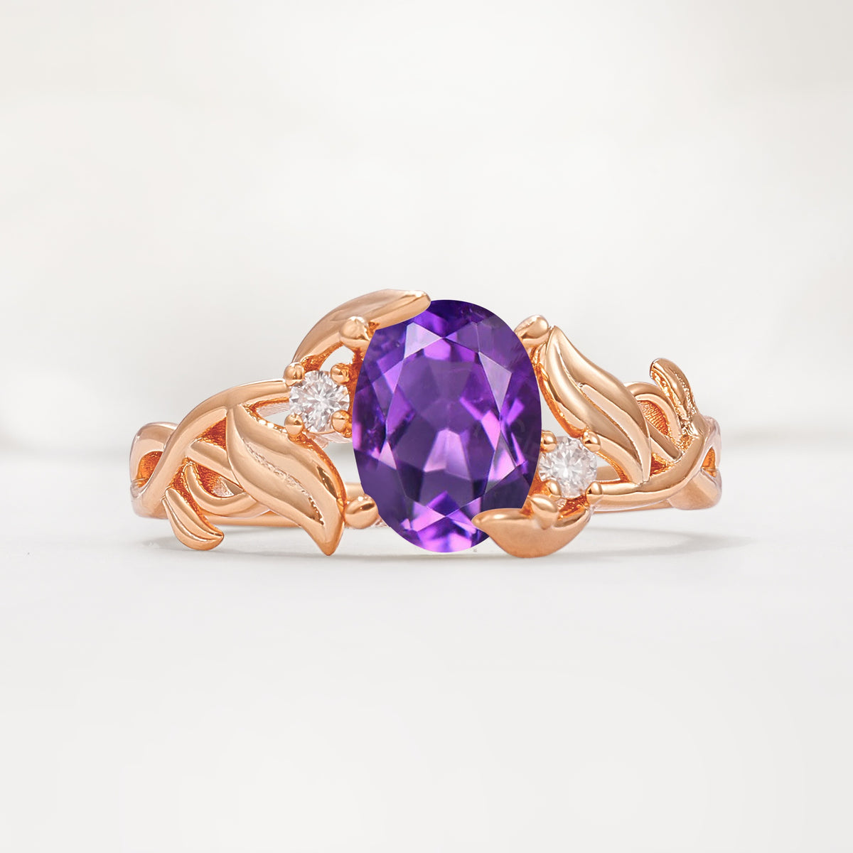 Natural Inspired Oval Cut Leaf Vine Side Stone Amethyst Engagement Ring - Additional view