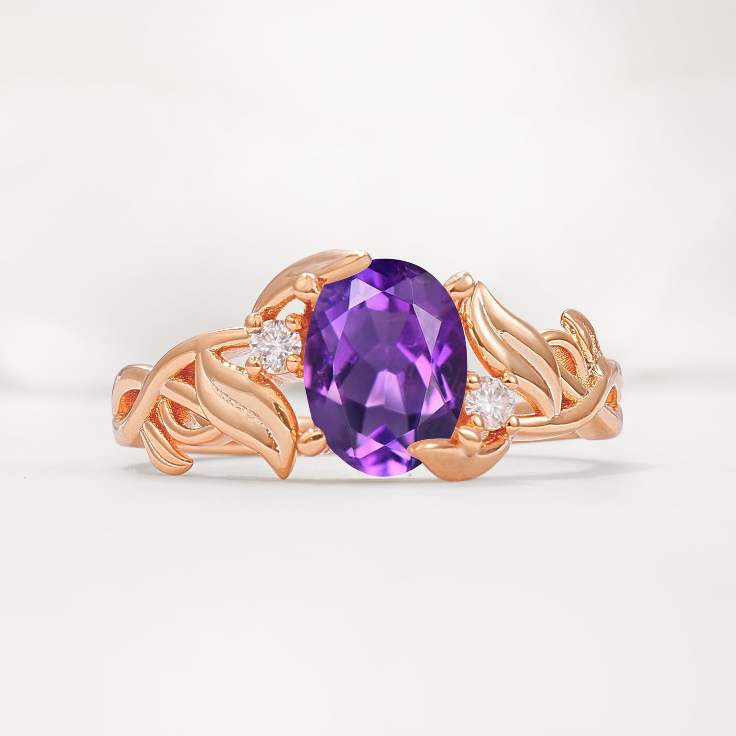 Natural Inspired Oval Cut Leaf Vine Side Stone Amethyst Engagement Ring - Additional view