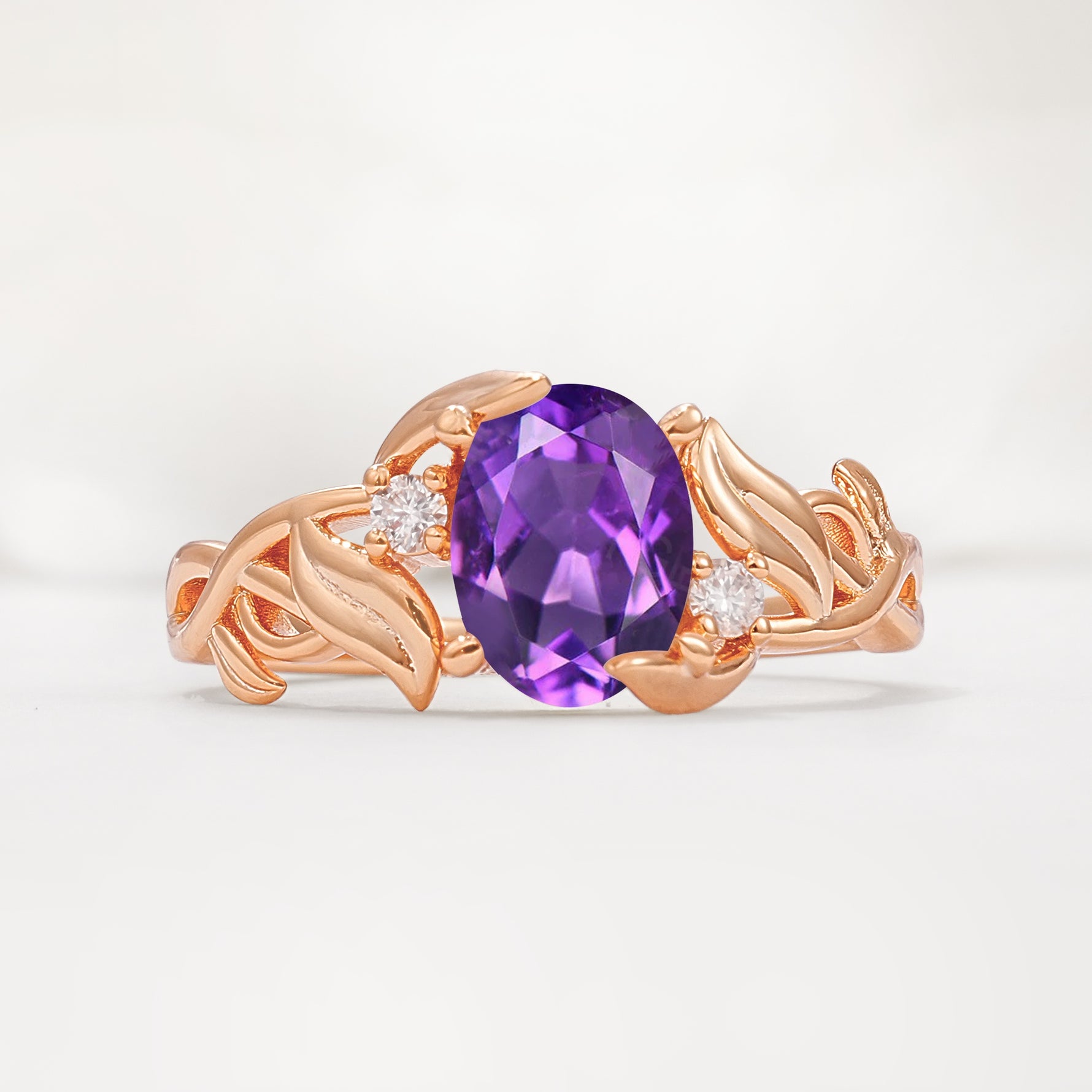 Natural Inspired Oval Cut Leaf Vine Side Stone Amethyst Engagement Ring - Additional view