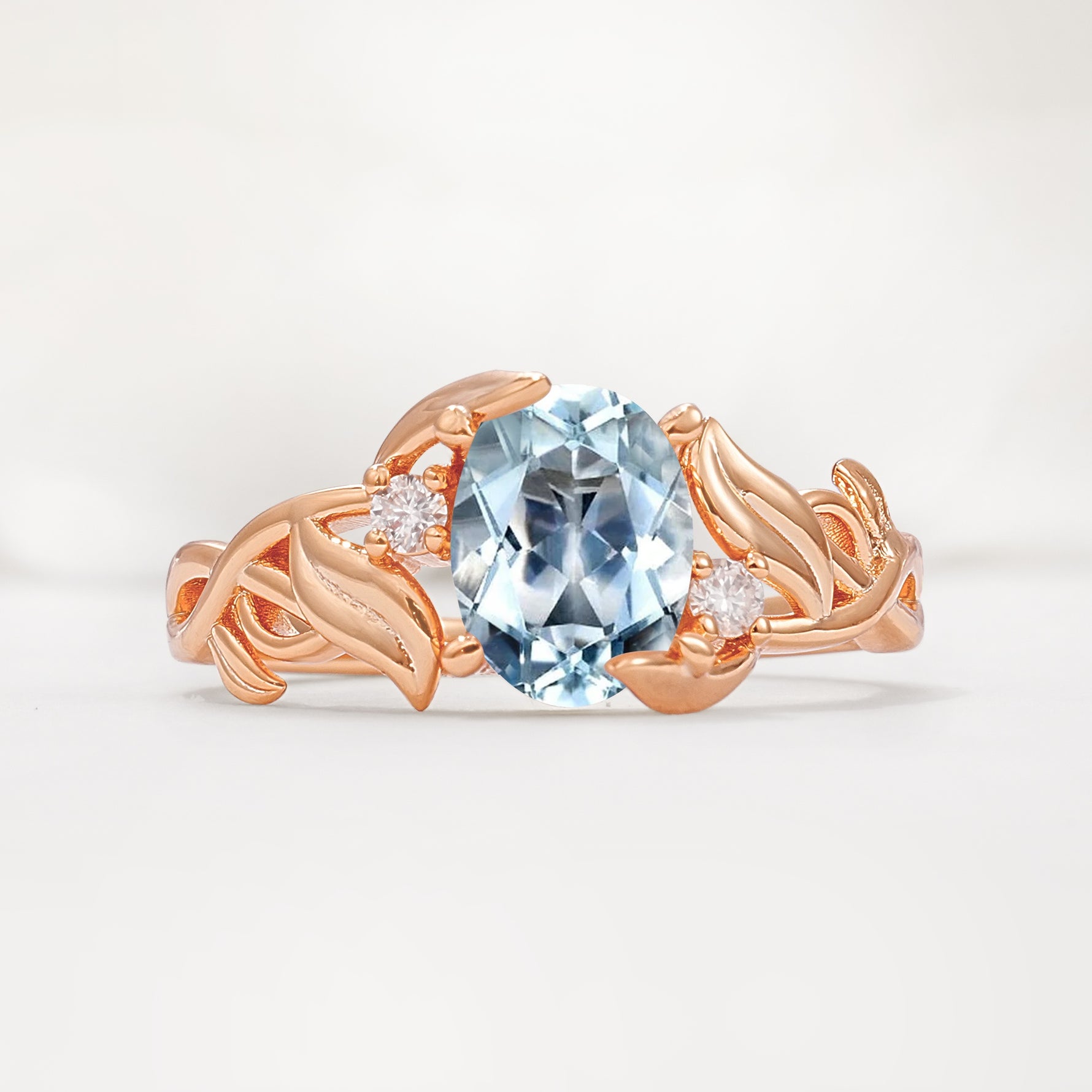 Natural Inspired Oval Cut Leaf Vine Side Stone Aquamarine Engagement Ring - Additional view