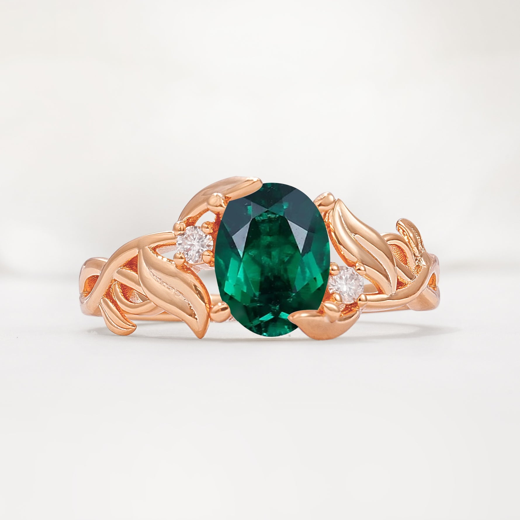 Natural Inspired Oval Cut Leaf Vine Side Stone Emerald Engagement Ring - Additional view
