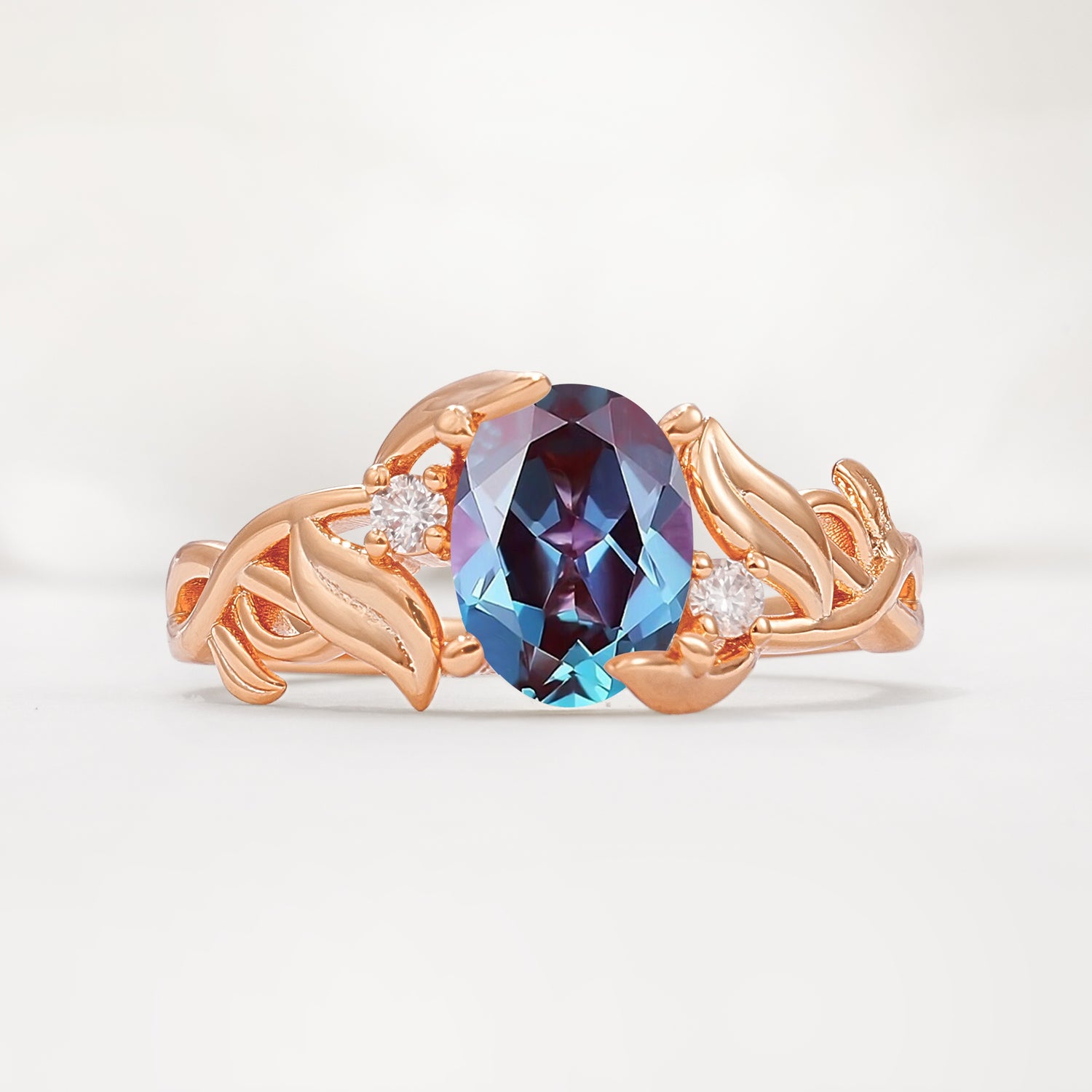 Natural Inspired Oval Cut Leaf Vine Side Stone Alexandrite Engagement Ring - Additional view