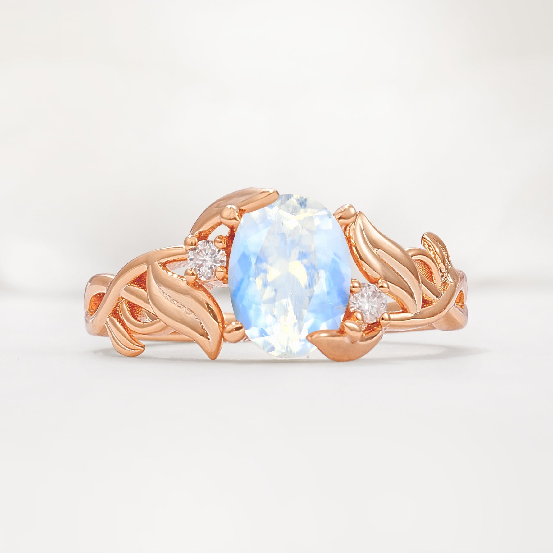 Natural Inspired Oval Cut Leaf Vine Side Stone Moonstone Engagement Ring - Additional view