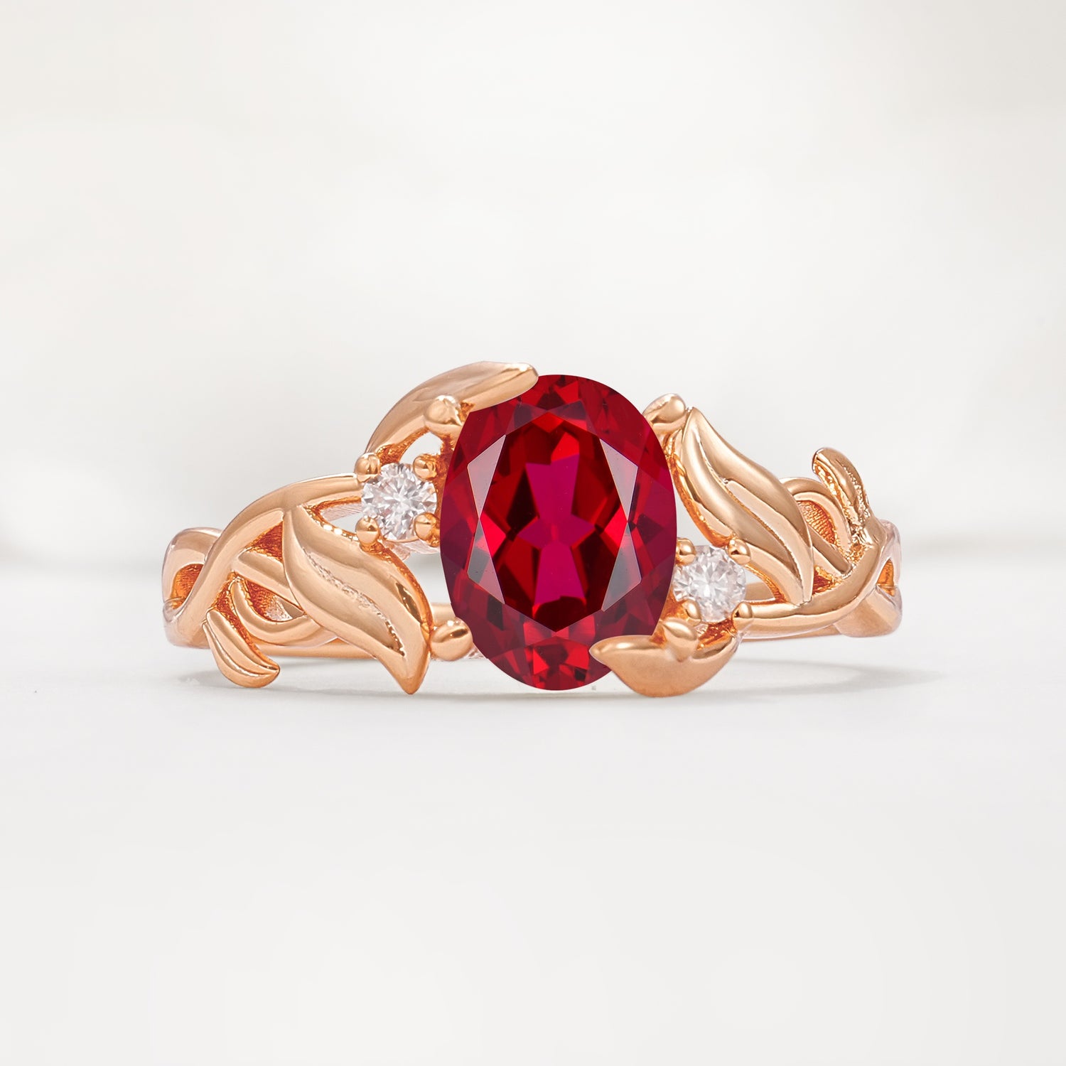 Natural Inspired Oval Cut Leaf Vine Side Stone Ruby Engagement Ring - Additional view