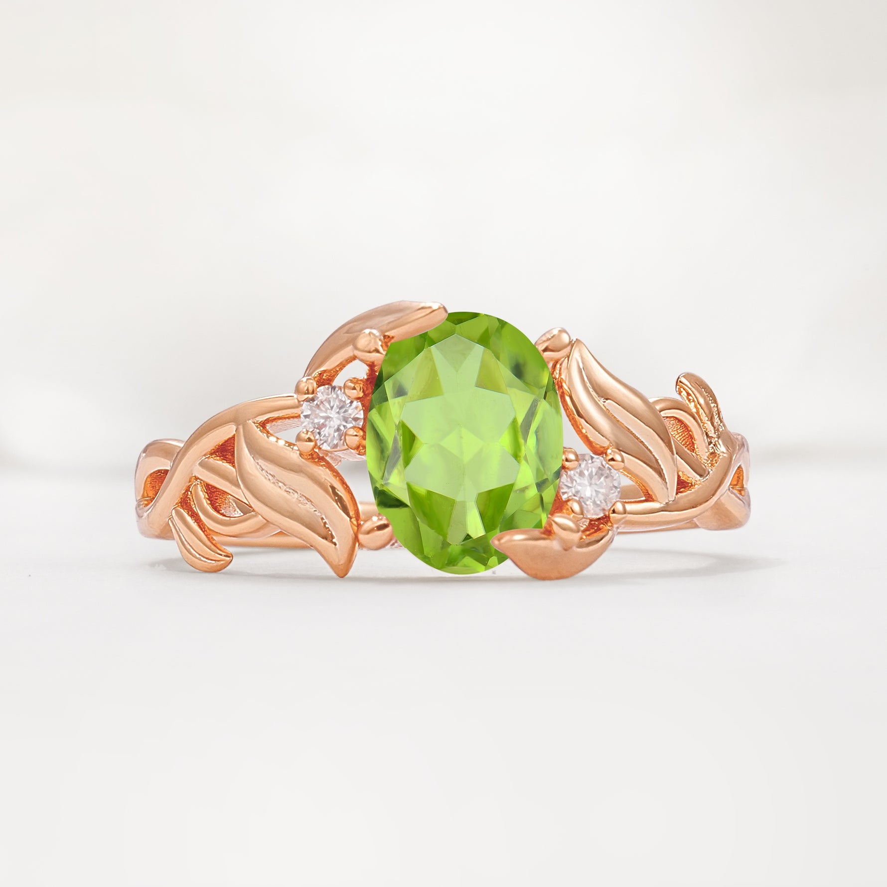 Natural Inspired Oval Cut Leaf Vine Side Stone Peridot Engagement Ring - Additional view