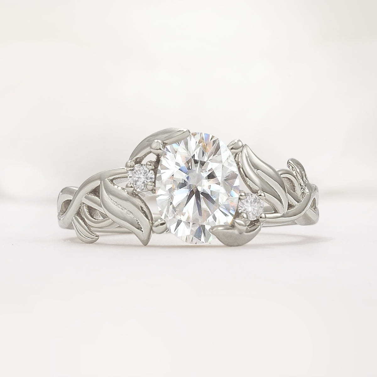 Natural Inspired Oval Cut Leaf Vine Side Stone Moissanite Engagement Ring - Additional view