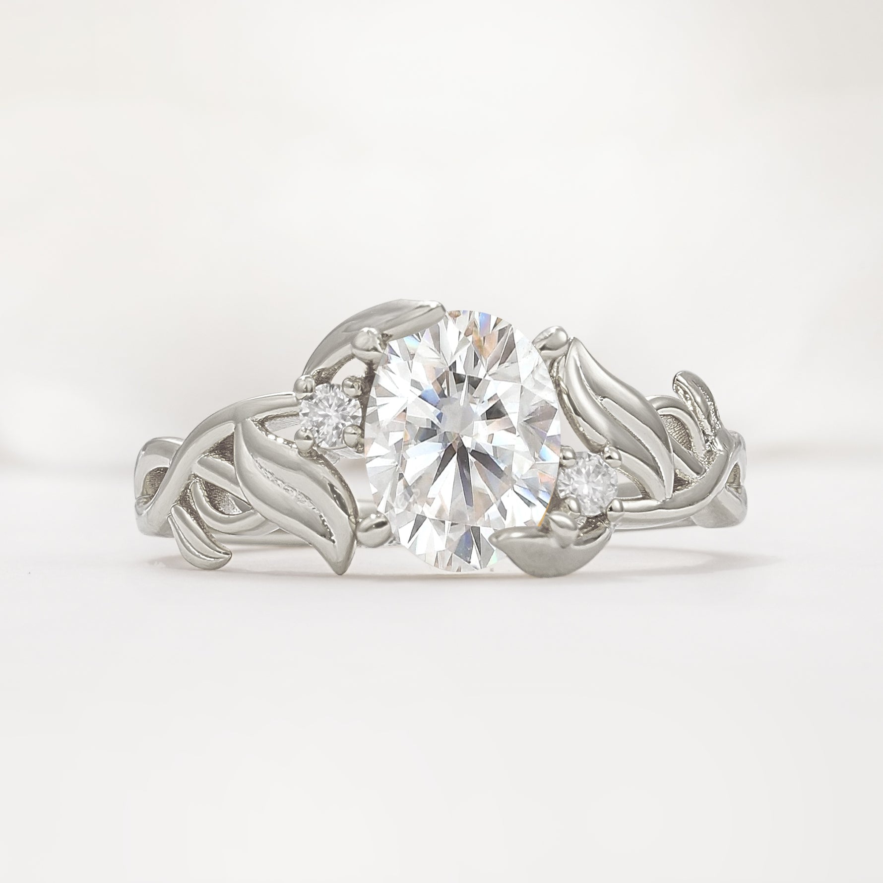 Natural Inspired Oval Cut Leaf Vine Side Stone Moissanite Engagement Ring - Additional view