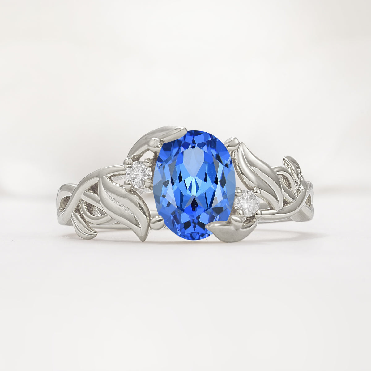 Natural Inspired Oval Cut Leaf Vine Side Stone Sapphire Engagement Ring - Additional view
