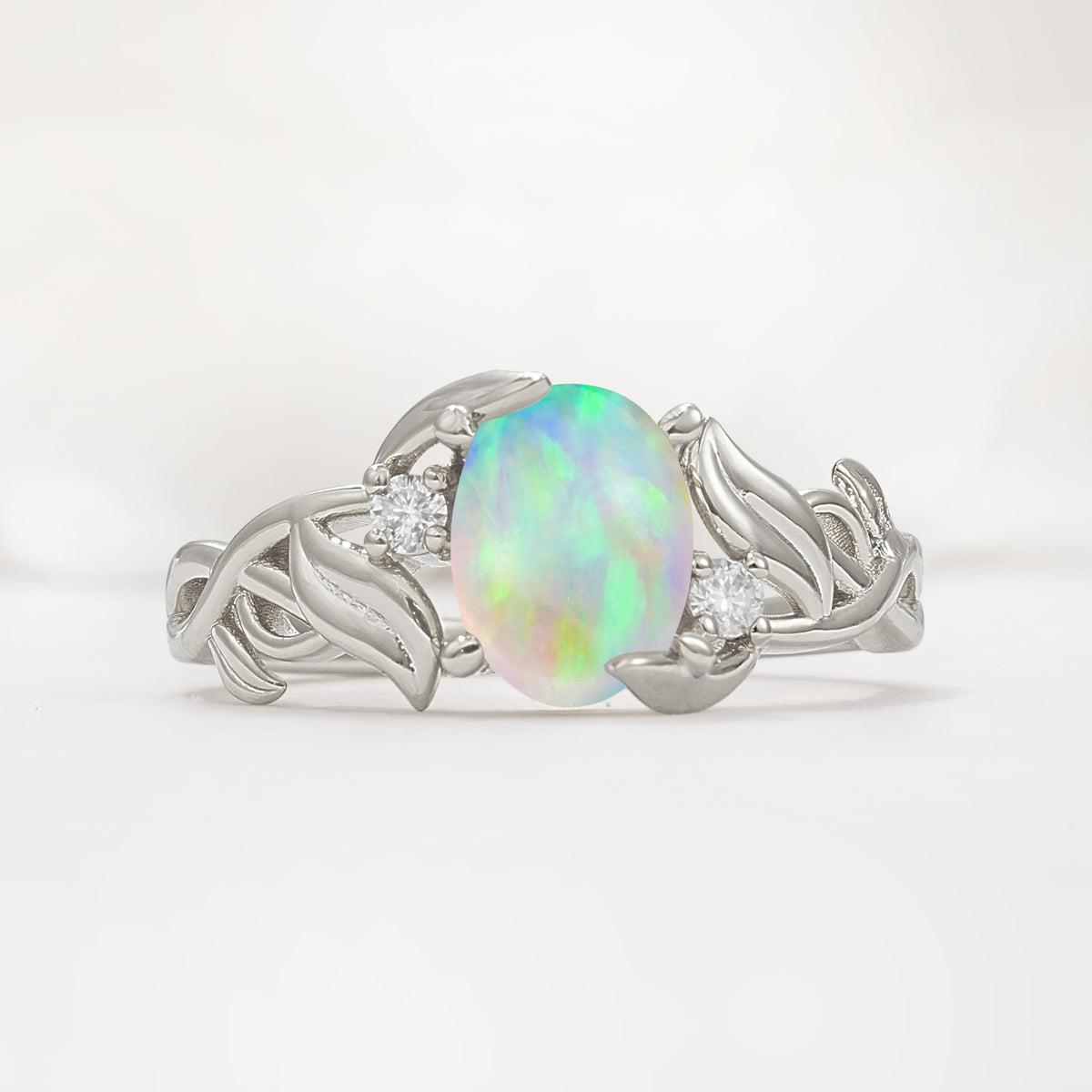 Natural Inspired Oval Cut Leaf Vine Side Stone Fire Opal Engagement Ring - Additional view