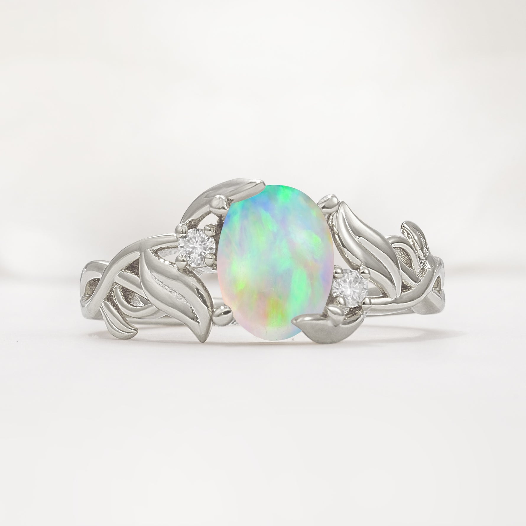 Natural Inspired Oval Cut Leaf Vine Side Stone Fire Opal Engagement Ring - Additional view