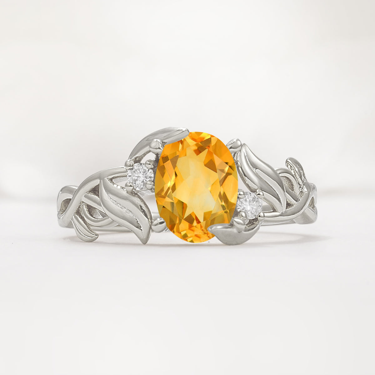 Natural Inspired Oval Cut Leaf Vine Side Stone Citrine Engagement Ring - Additional view