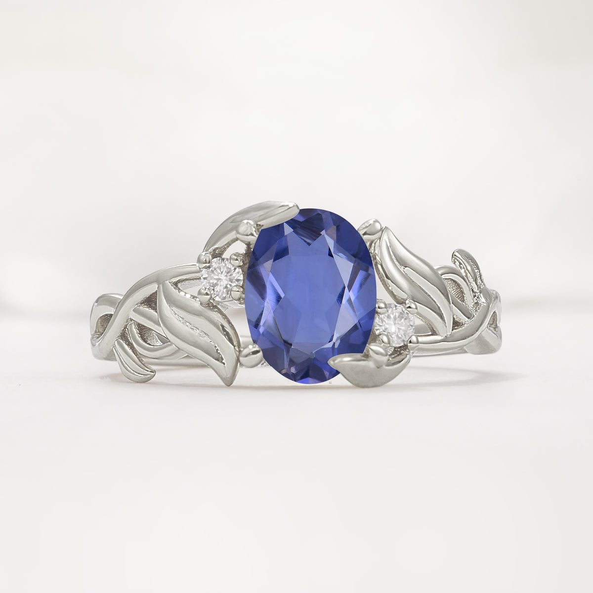 Natural Inspired Oval Cut Leaf Vine Side Stone Tanzanite Engagement Ring - Additional view