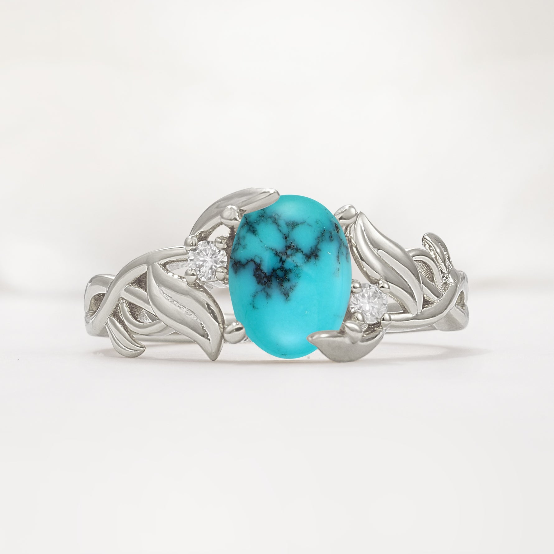 Natural Inspired Oval Cut Leaf Vine Side Stone Turquoise Engagement Ring - Additional view