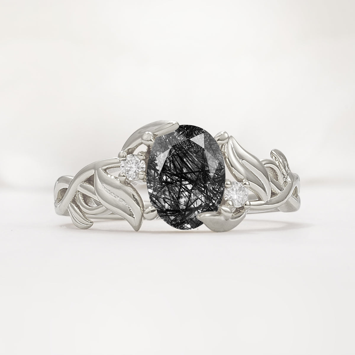 Natural Inspired Oval Cut Leaf Vine Side Stone Black Rutilated Quartz Engagement Ring - Additional view