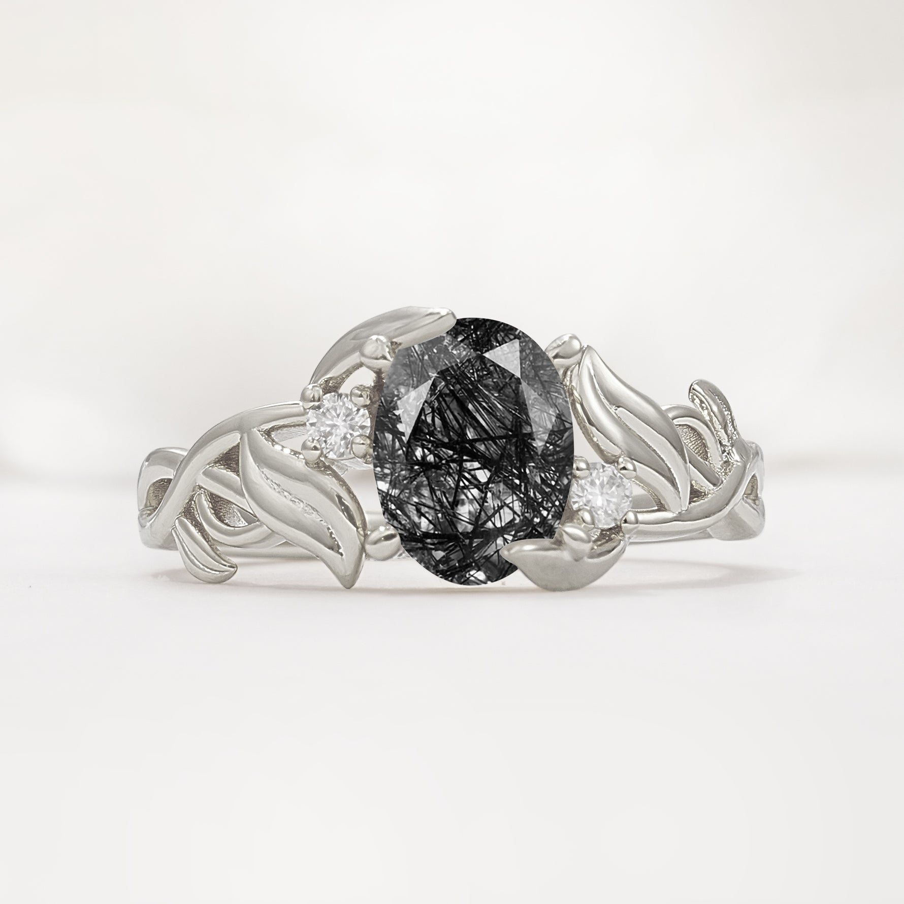 Natural Inspired Oval Cut Leaf Vine Side Stone Black Rutilated Quartz Engagement Ring - Additional view