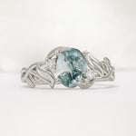 Natural Inspired Oval Cut Leaf Vine Side Stone Moss Agate Engagement Ring - Additional view