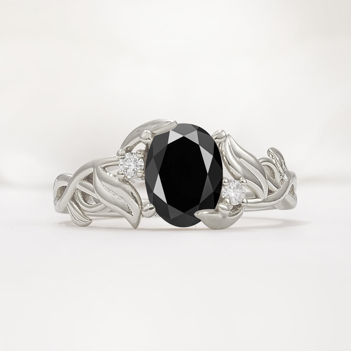 Natural Inspired Oval Cut Leaf Vine Side Stone Black Onyx Engagement Ring - Additional view