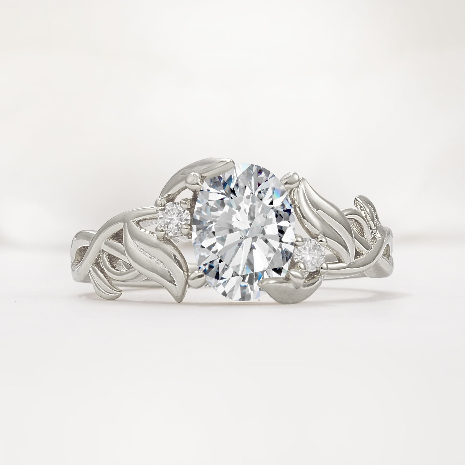 Natural Inspired Oval Cut Leaf Vine Side Stone Lab Diamond Engagement Ring - Additional view