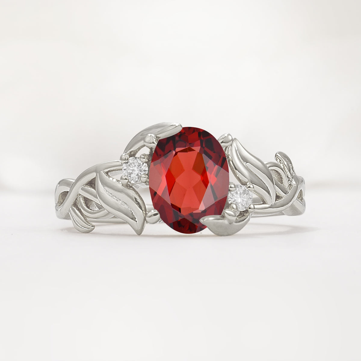 Natural Inspired Oval Cut Leaf Vine Side Stone Garnet Engagement Ring - Additional view