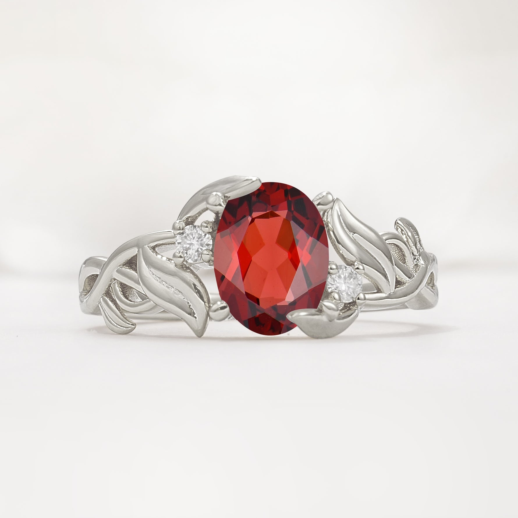 Natural Inspired Oval Cut Leaf Vine Side Stone Garnet Engagement Ring - Additional view