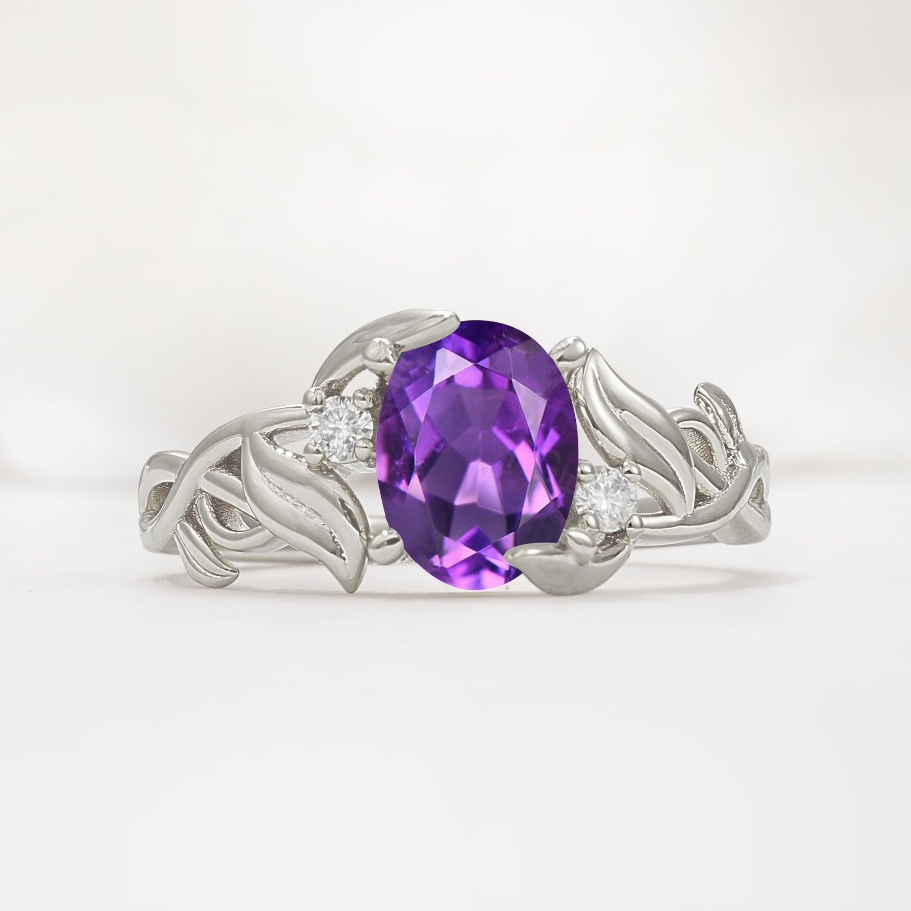 Natural Inspired Oval Cut Leaf Vine Side Stone Amethyst Engagement Ring - Additional view