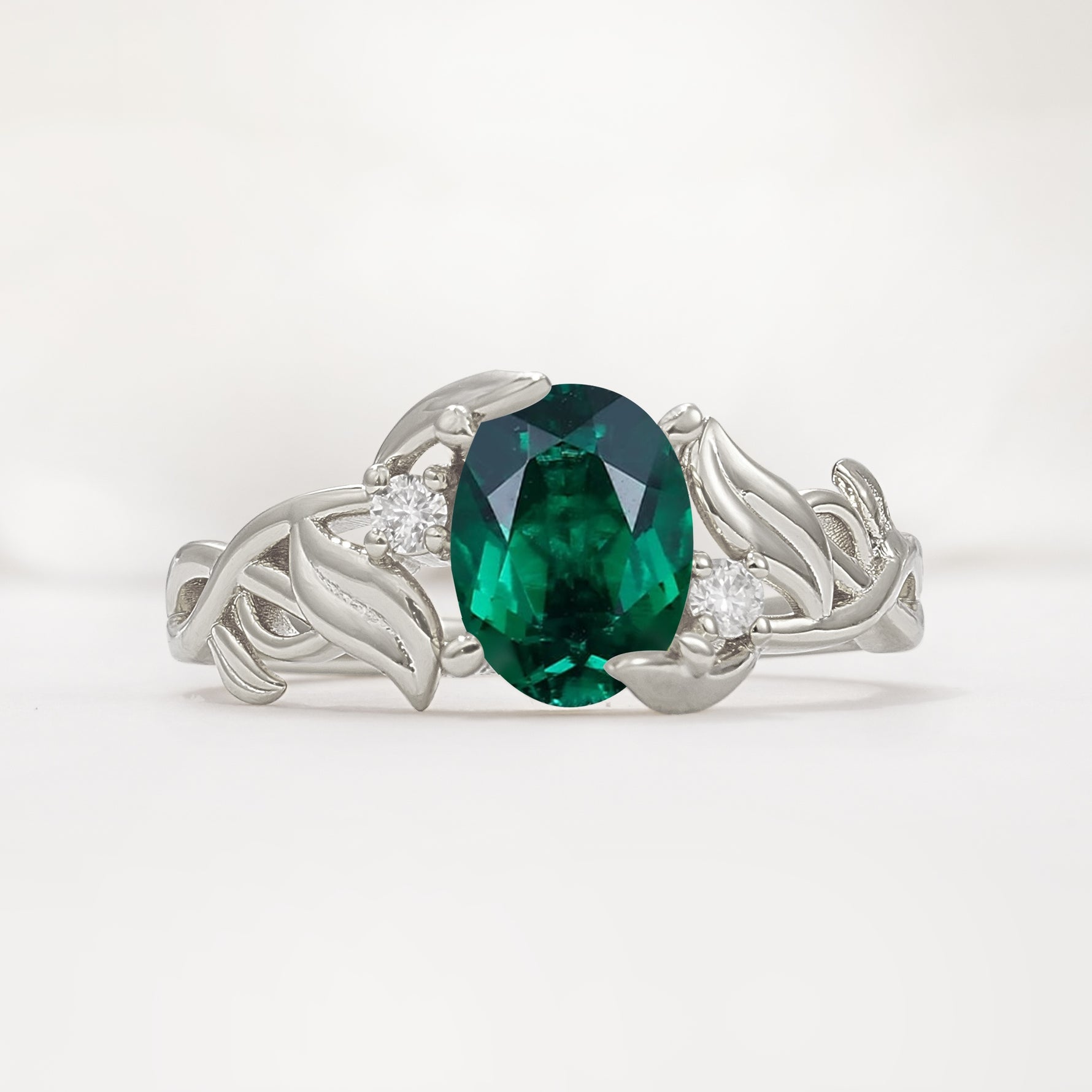 Natural Inspired Oval Cut Leaf Vine Side Stone Emerald Engagement Ring - Additional view