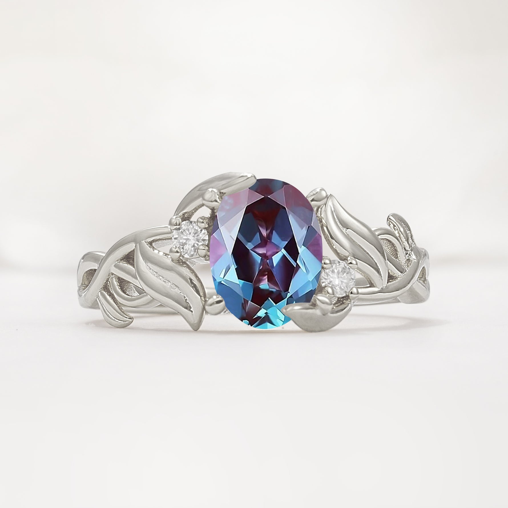Natural Inspired Oval Cut Leaf Vine Side Stone Alexandrite Engagement Ring - Additional view