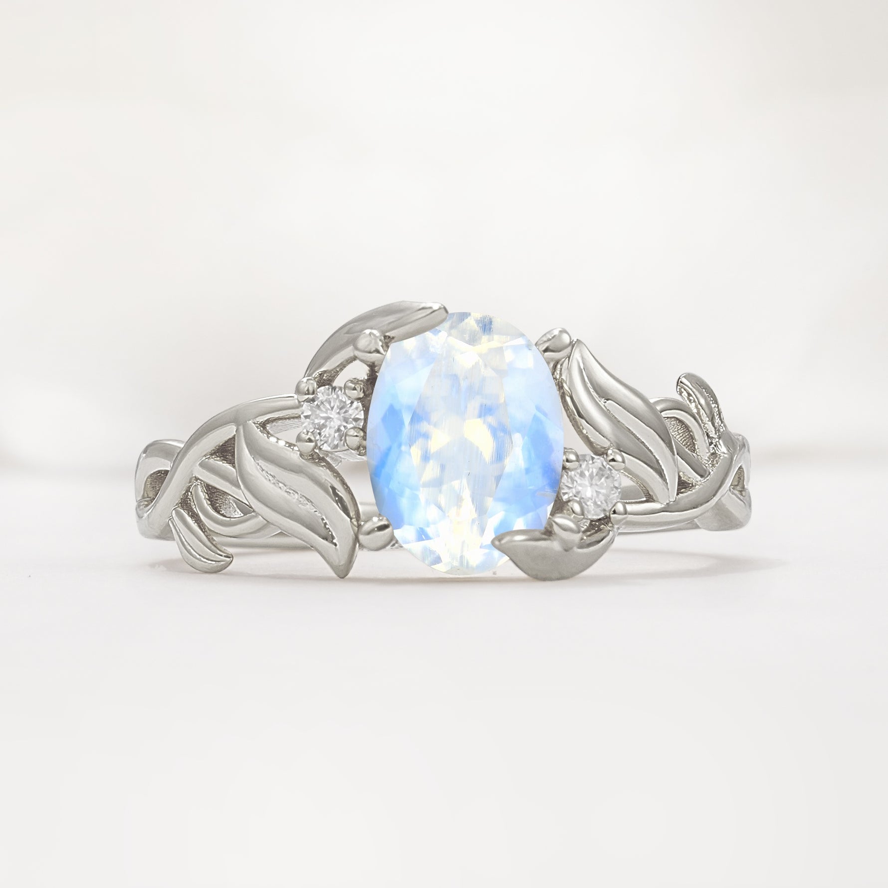 Natural Inspired Oval Cut Leaf Vine Side Stone Moonstone Engagement Ring - Additional view