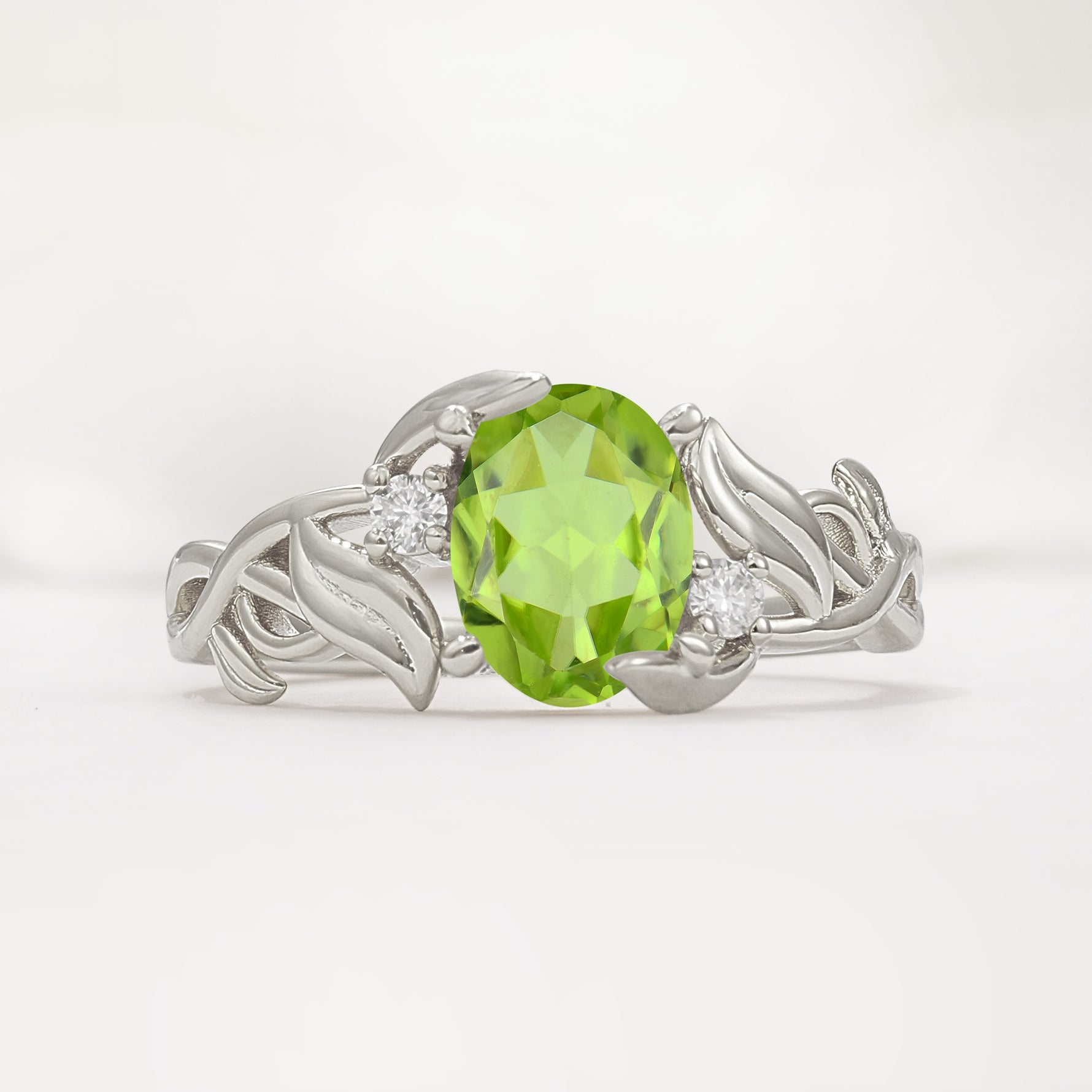 Natural Inspired Oval Cut Leaf Vine Side Stone Peridot Engagement Ring - Additional view