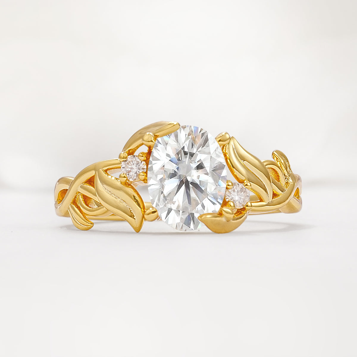 Natural Inspired Oval Cut Leaf Vine Side Stone Moissanite Engagement Ring - Additional view