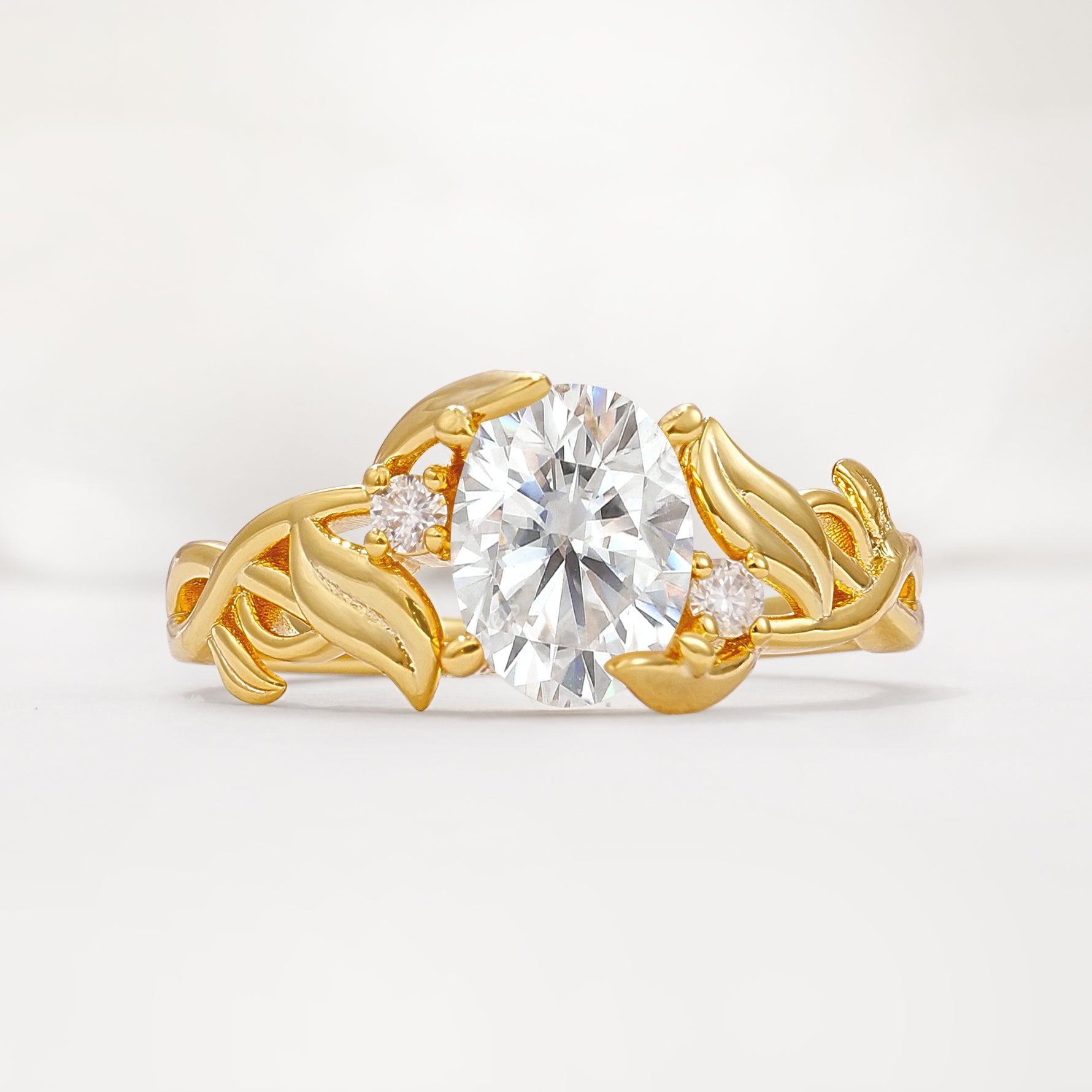 Natural Inspired Oval Cut Leaf Vine Side Stone Moissanite Engagement Ring - Additional view