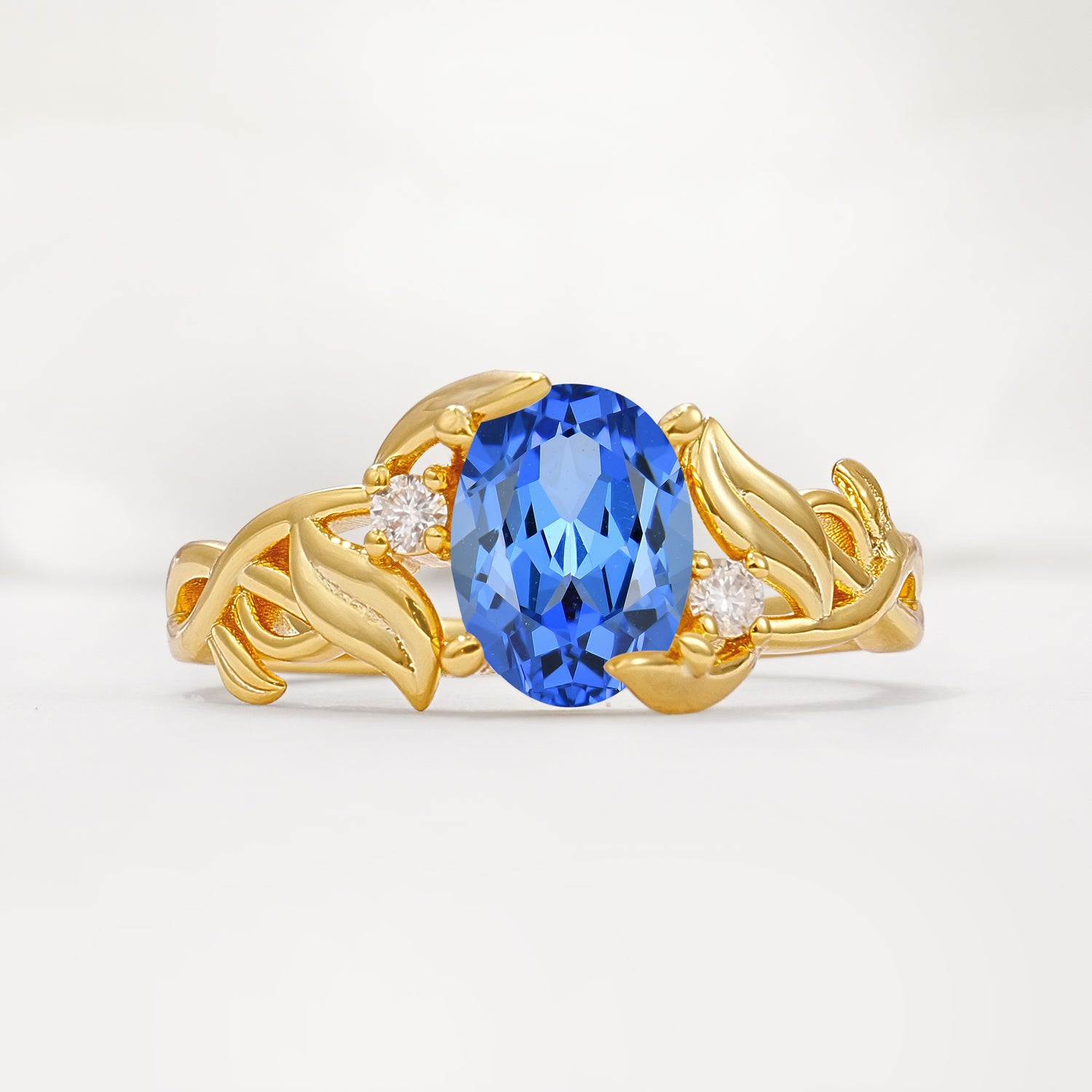 Natural Inspired Oval Cut Leaf Vine Side Stone Sapphire Engagement Ring - Additional view