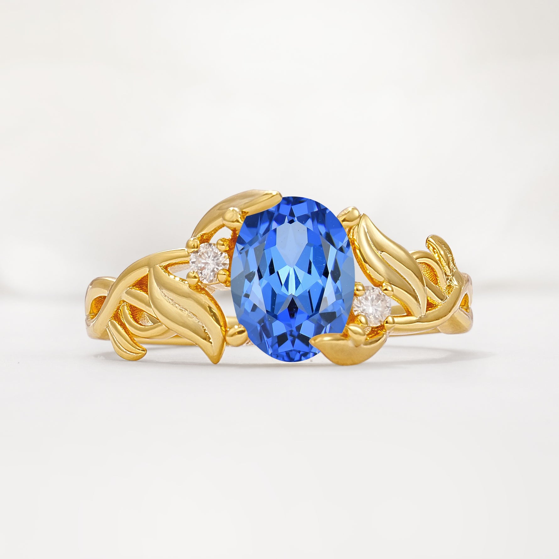 Natural Inspired Oval Cut Leaf Vine Side Stone Sapphire Engagement Ring - Additional view