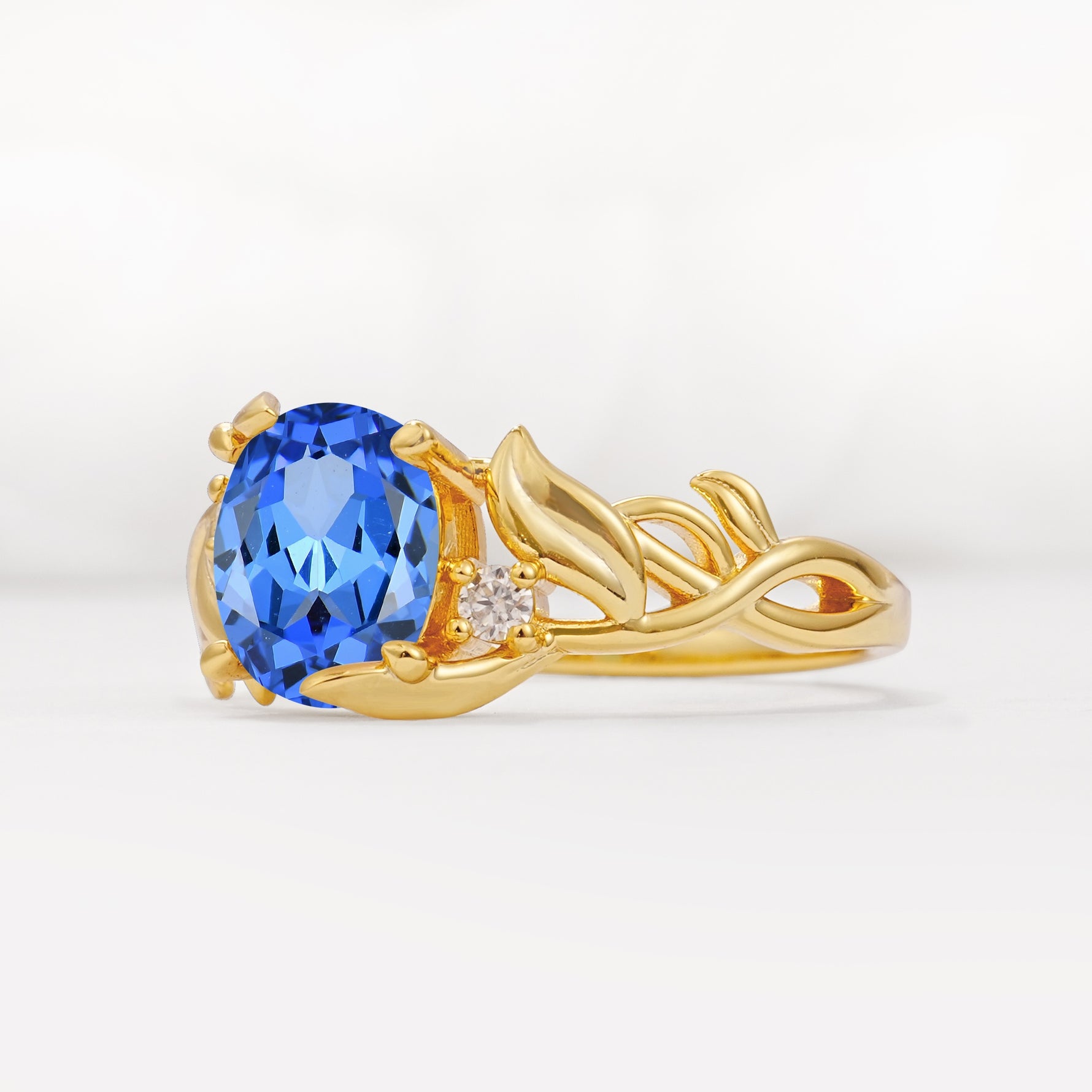 Natural Inspired Oval Cut Leaf Vine Side Stone Sapphire Engagement Ring - Additional view