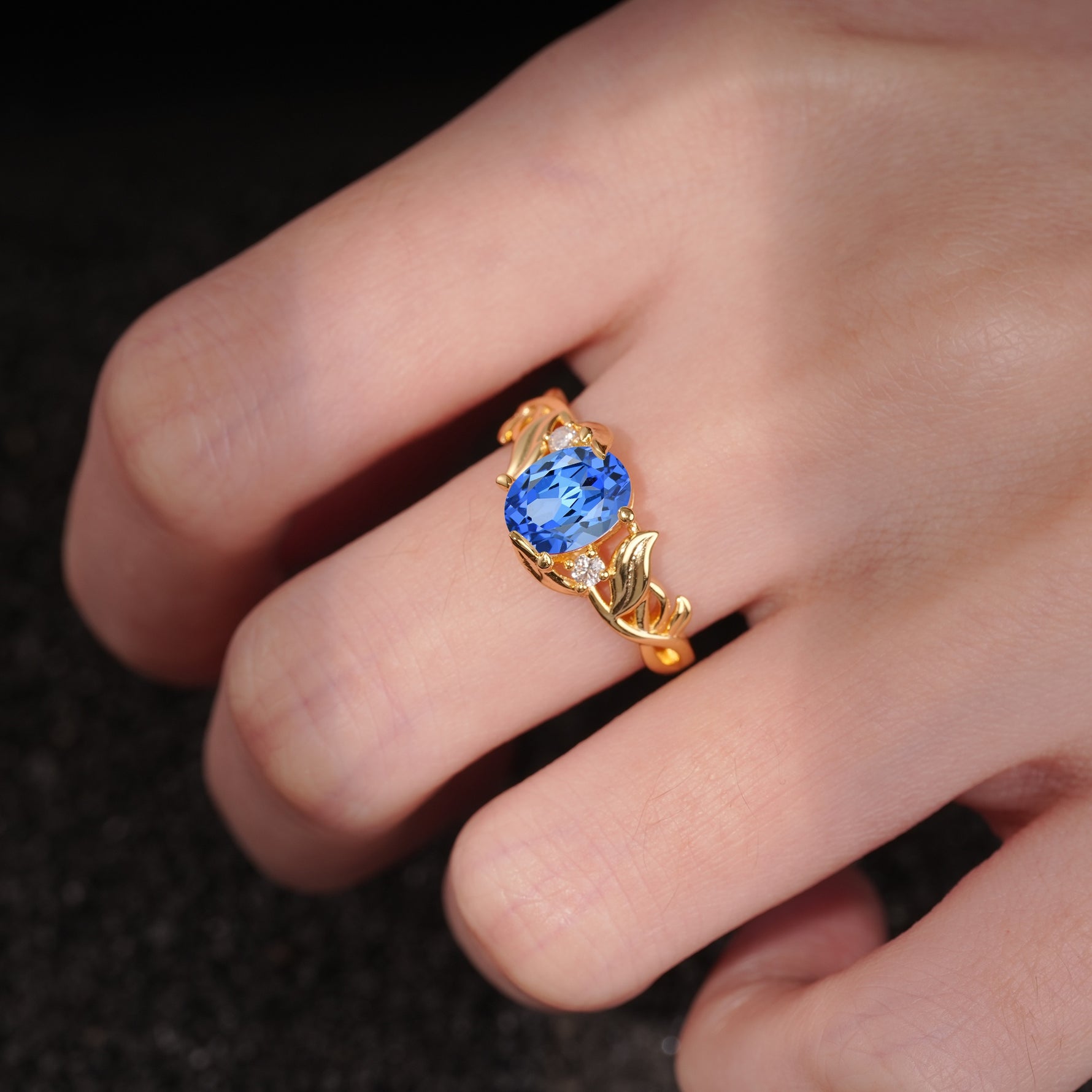 Natural Inspired Oval Cut Leaf Vine Side Stone Sapphire Engagement Ring - Additional view
