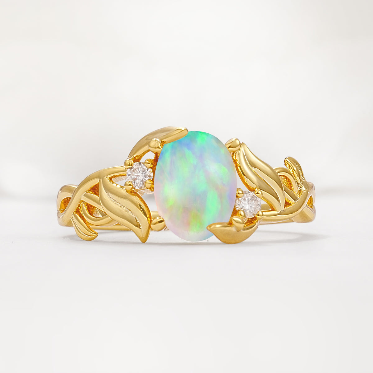 Natural Inspired Oval Cut Leaf Vine Side Stone Fire Opal Engagement Ring - Additional view