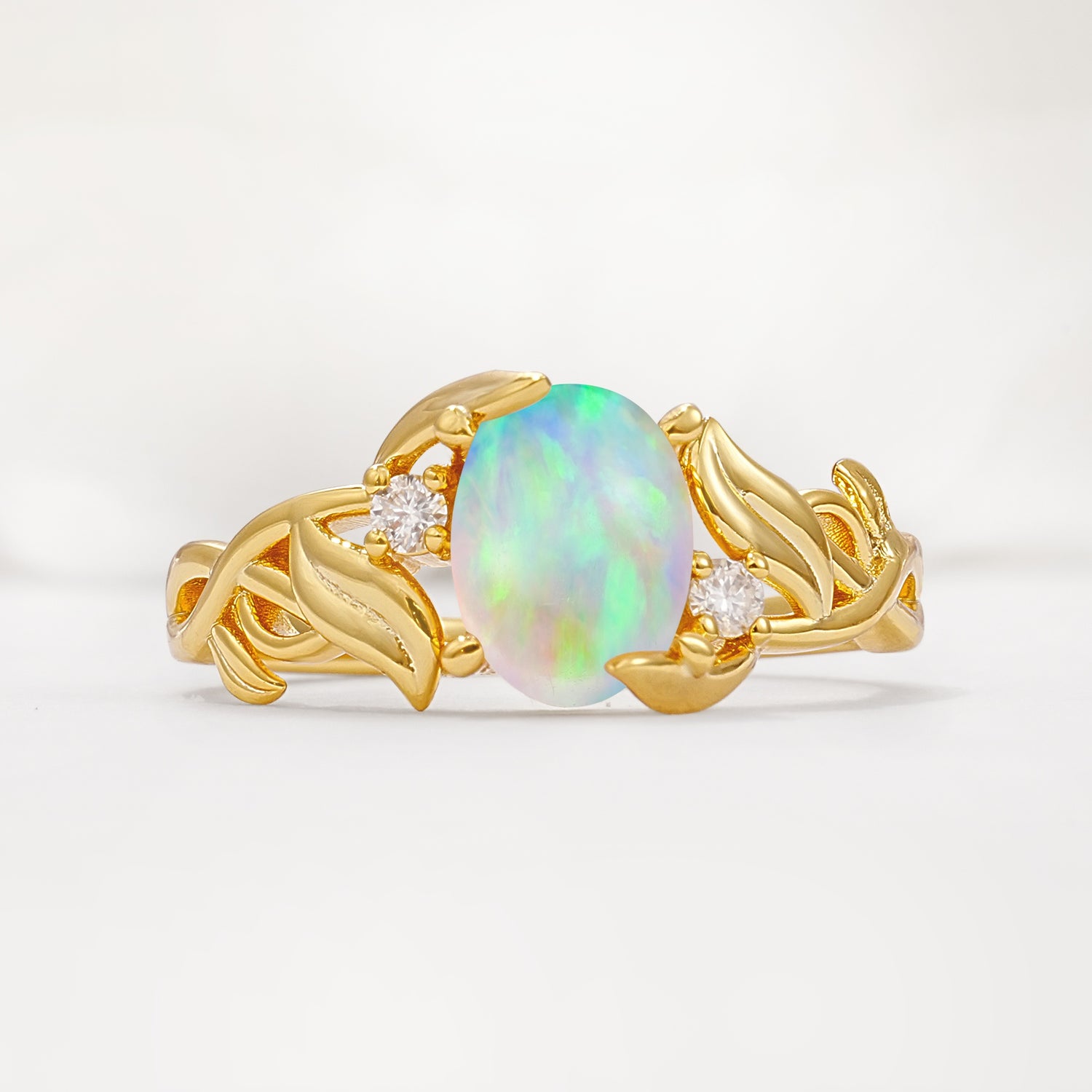 Natural Inspired Oval Cut Leaf Vine Side Stone Fire Opal Engagement Ring - Additional view