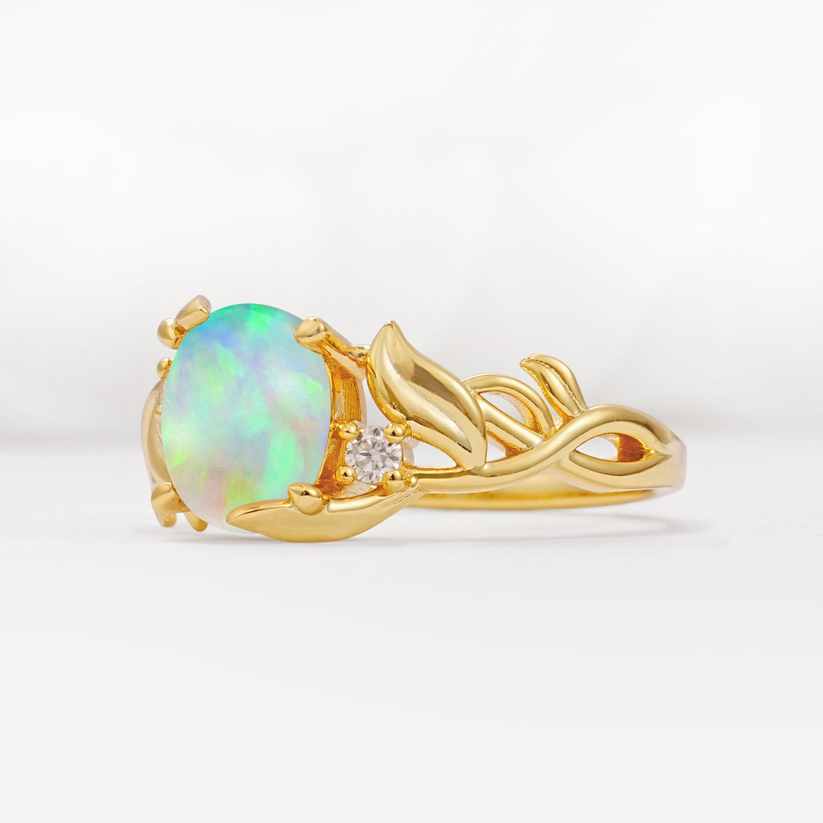 Natural Inspired Oval Cut Leaf Vine Side Stone Fire Opal Engagement Ring - Additional view