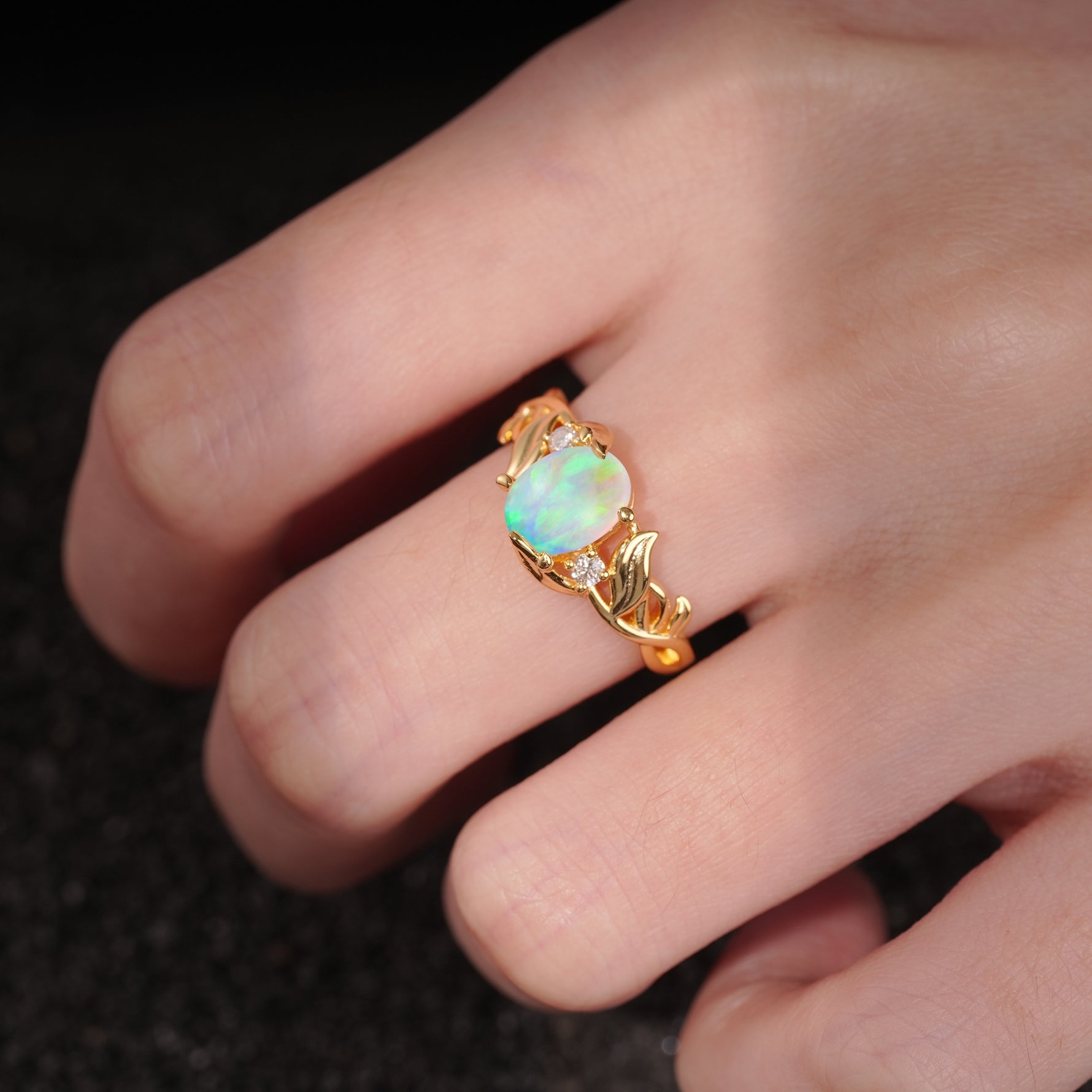 Natural Inspired Oval Cut Leaf Vine Side Stone Fire Opal Engagement Ring - Additional view
