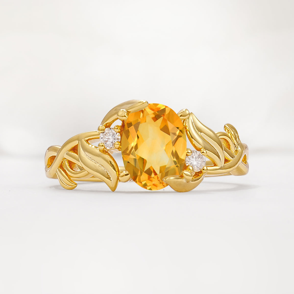 Natural Inspired Oval Cut Leaf Vine Side Stone Citrine Engagement Ring - Additional view