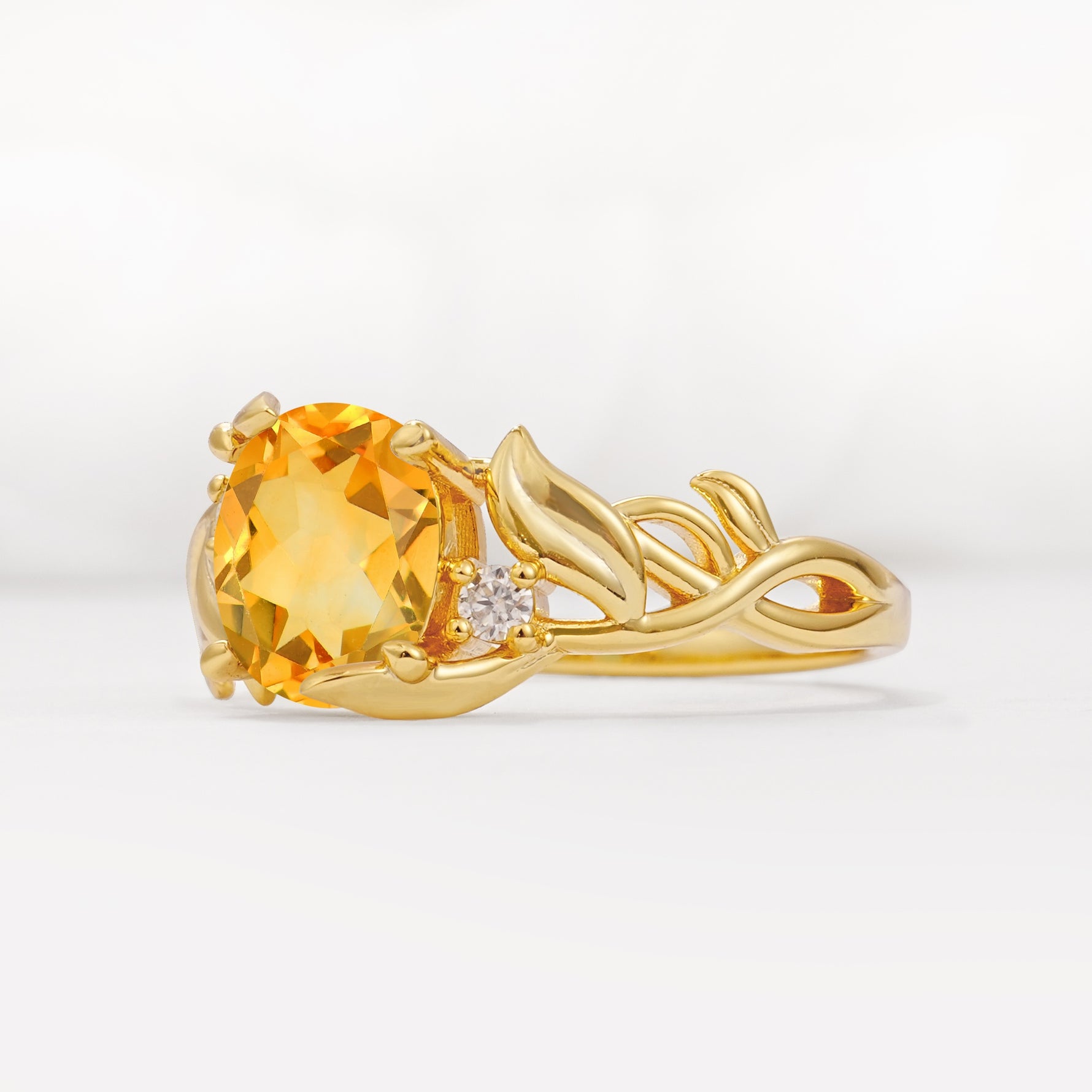 Natural Inspired Oval Cut Leaf Vine Side Stone Citrine Engagement Ring - Additional view